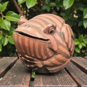 Handmade Ceramic Frog Figurine Brown Striped Whimsical Art Decor‎